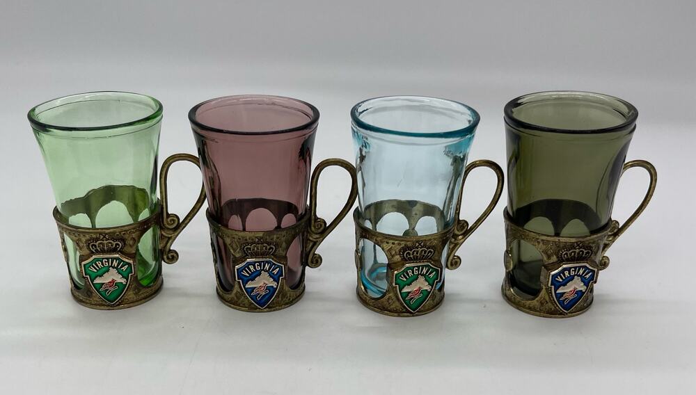 Vintage Set of 4 Souvenir Virginia Osaka Shot Glasses with Metal Holders